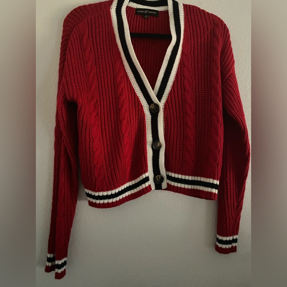 Almost Famous Red Cardigan Cropped Preppy Academia Nautical